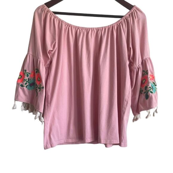 Umgee Women Top L Pink 3/4 Flower Embroidery Tassel Bell Sleeve Boho Tropical - Picture 3 of 7